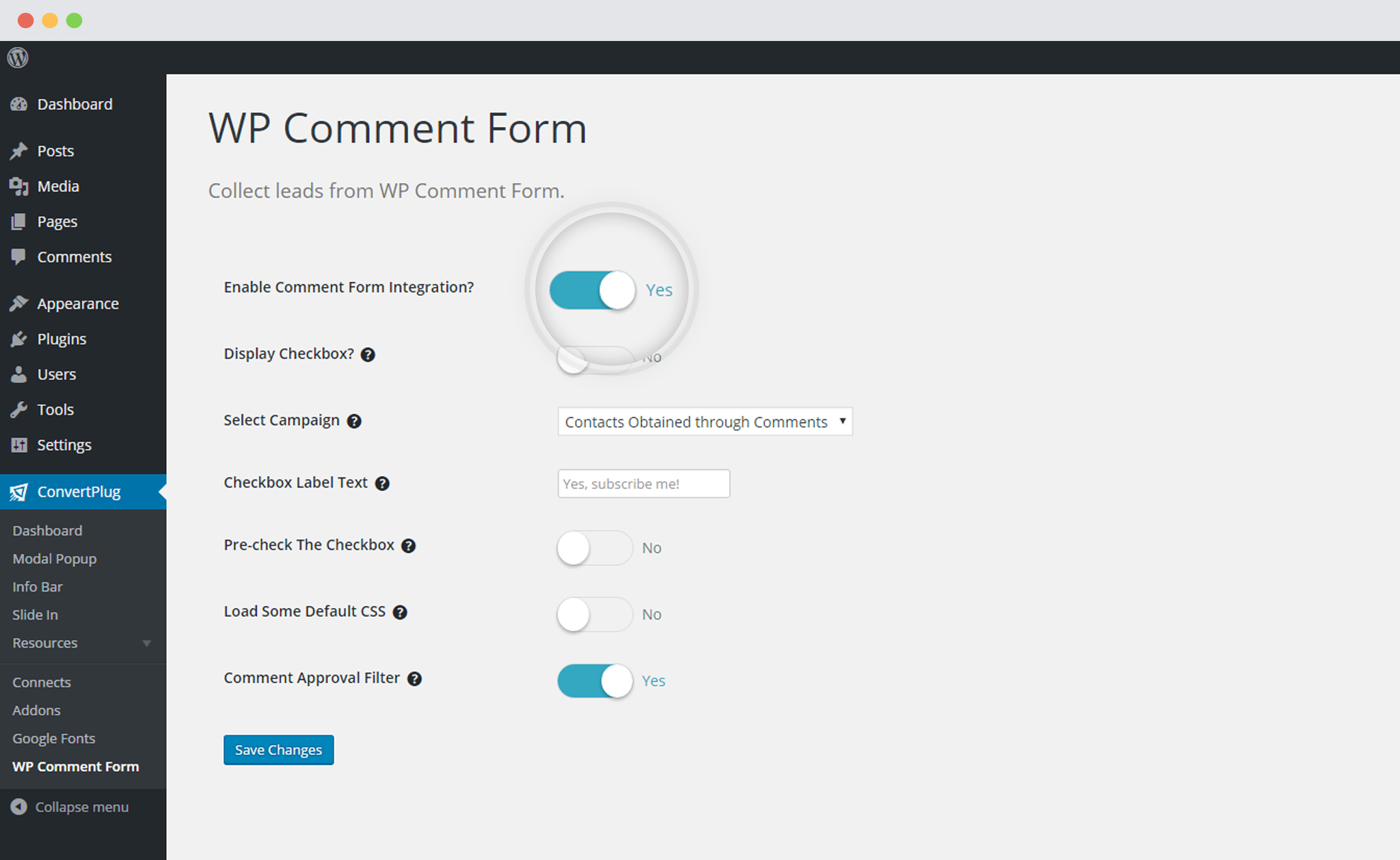 Enable WP Comment form integration with ConvertPlug