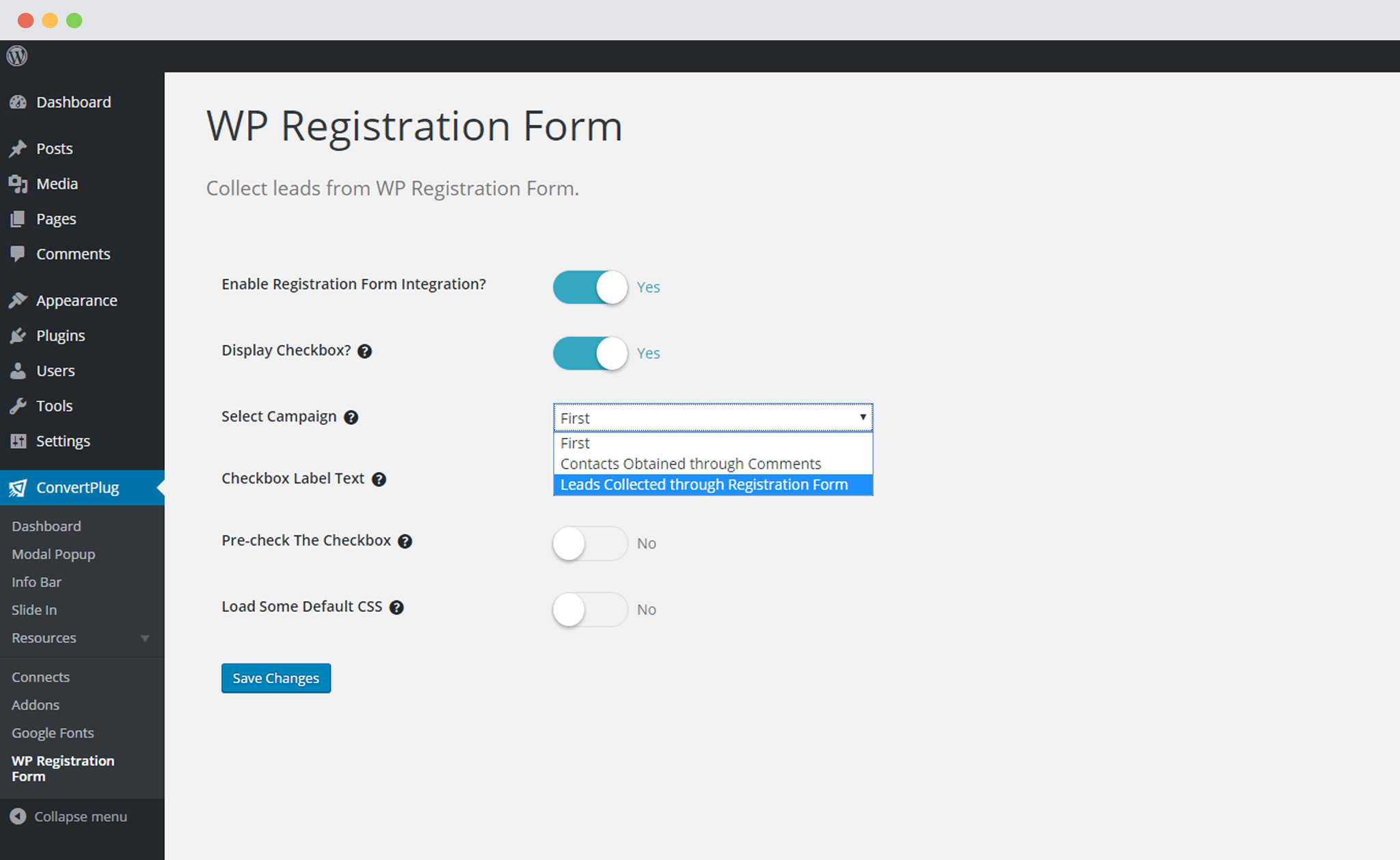 Select Campaign for WP Registration in ConvertPlug