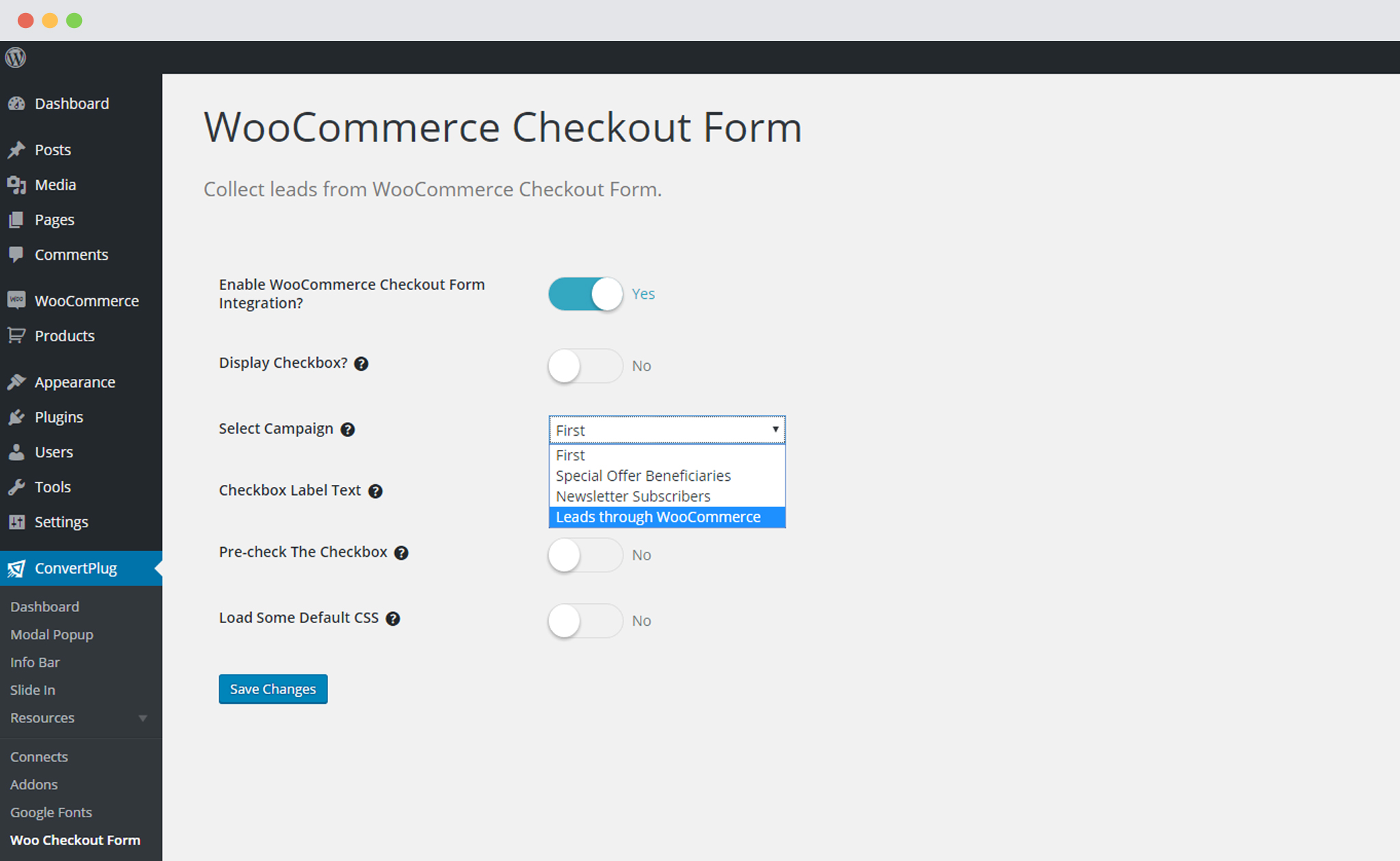 Select Campaign to be integrated with WooCommerce in ConvertPlug