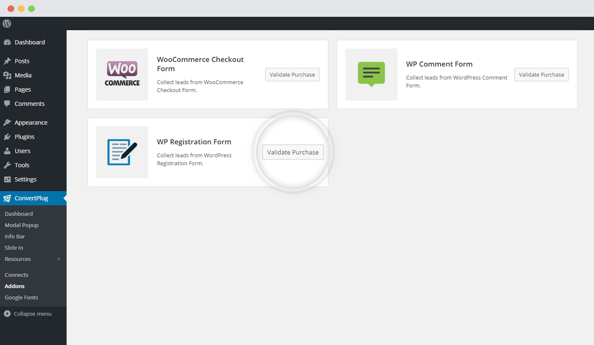 Validate Purchase to install WP Registration Form addon with ConvertPlug
