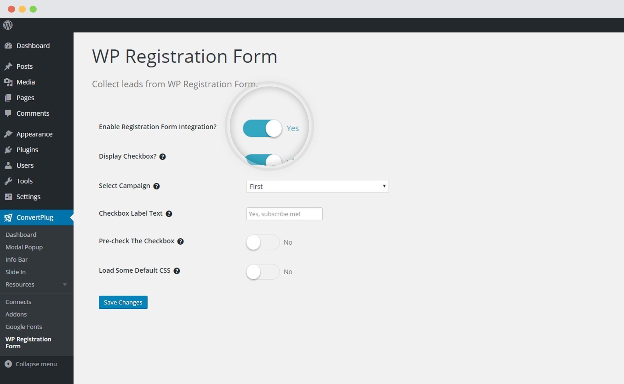 Enable WP Registration form integration with ConvertPlus