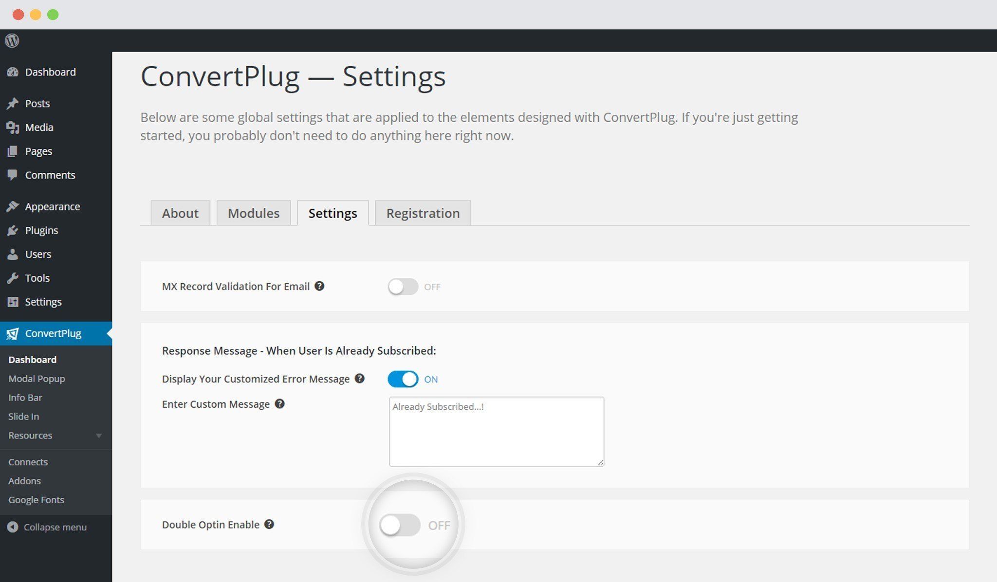 Disable Double Opt-in feature in ConvertPlug