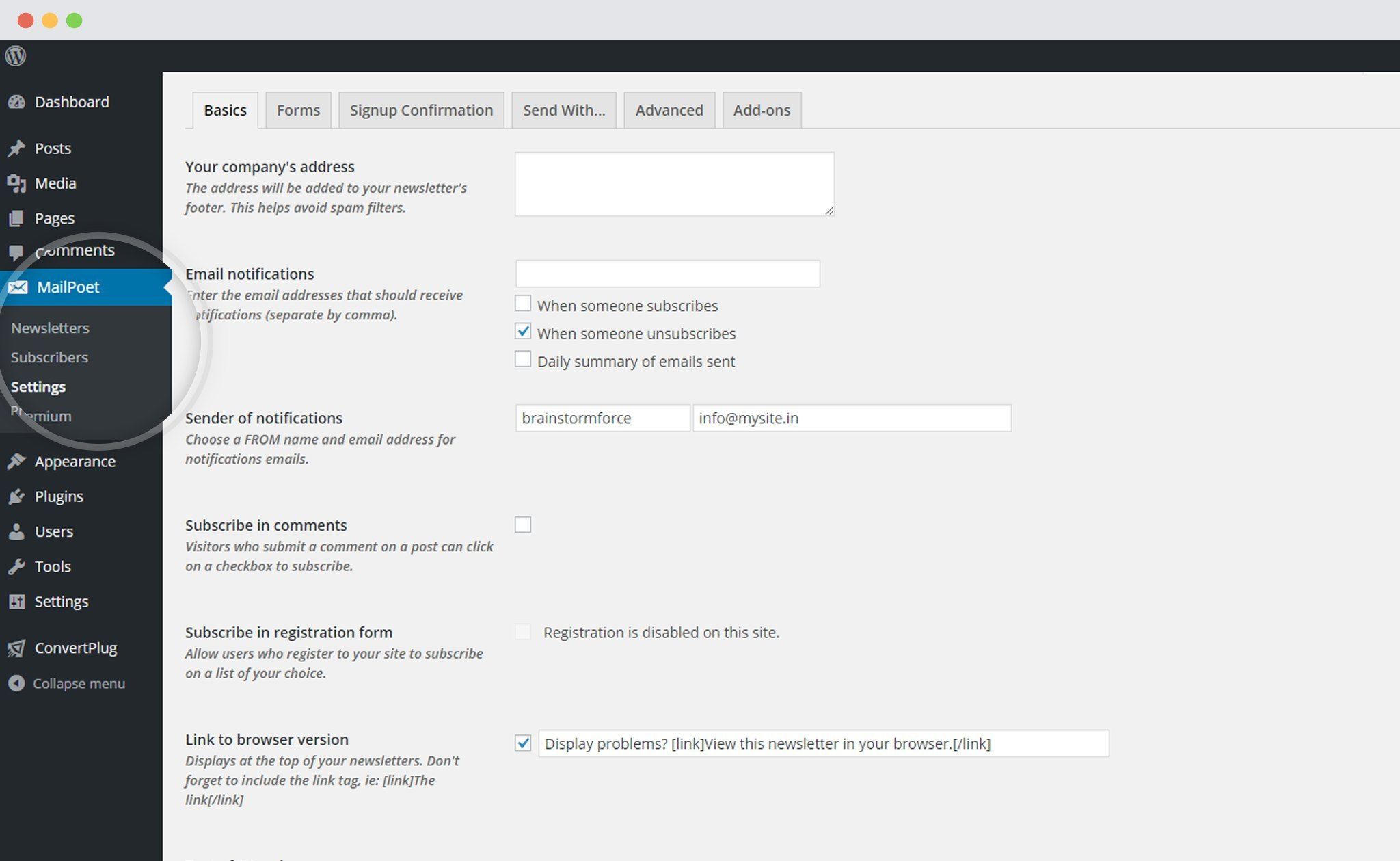 Settings page of MailPoet Newsletter Plugin