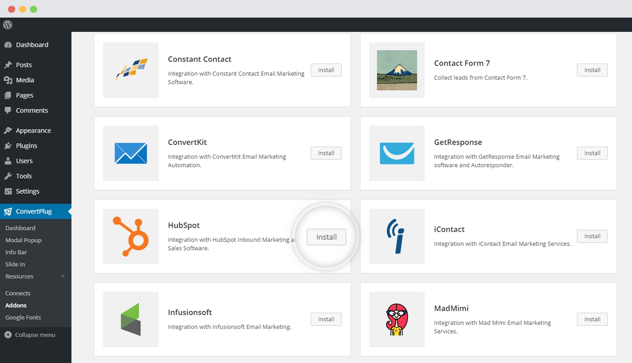 Install Connects HubSpot addon in ConvertPlug